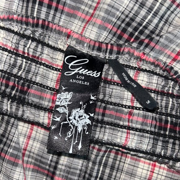 GUESS Plaid Halter Top with Red Rose Embroidered Detail - Size Medium - Picture 7 of 9
